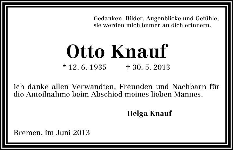 Traueranzeige von Otto Knauf von WESER-KURIER
