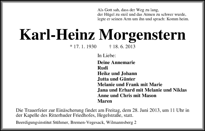 Traueranzeige von Karl-Heinz Morgenstern von WESER-KURIER