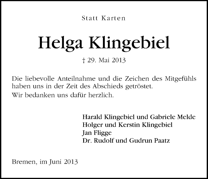Traueranzeige von Helga Klingebiel von WESER-KURIER