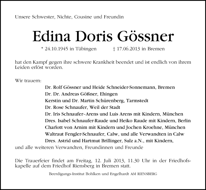 Traueranzeige von Edina Doris Gössner von WESER-KURIER