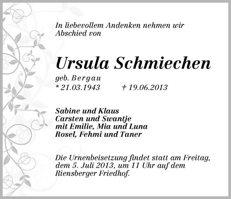 Traueranzeige von Ursula Schmiechen von WESER-KURIER