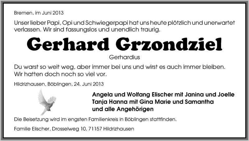 Traueranzeige von Gerhard Grzondziel von WESER-KURIER