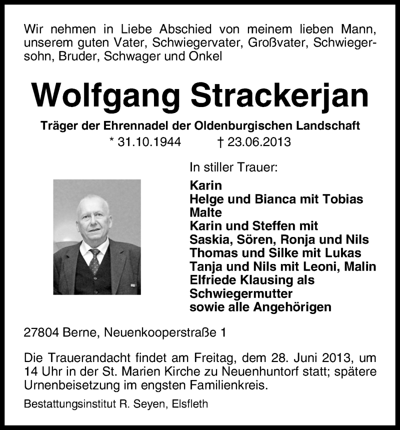 Traueranzeige von Wolfgang Strackerjan von WESER-KURIER