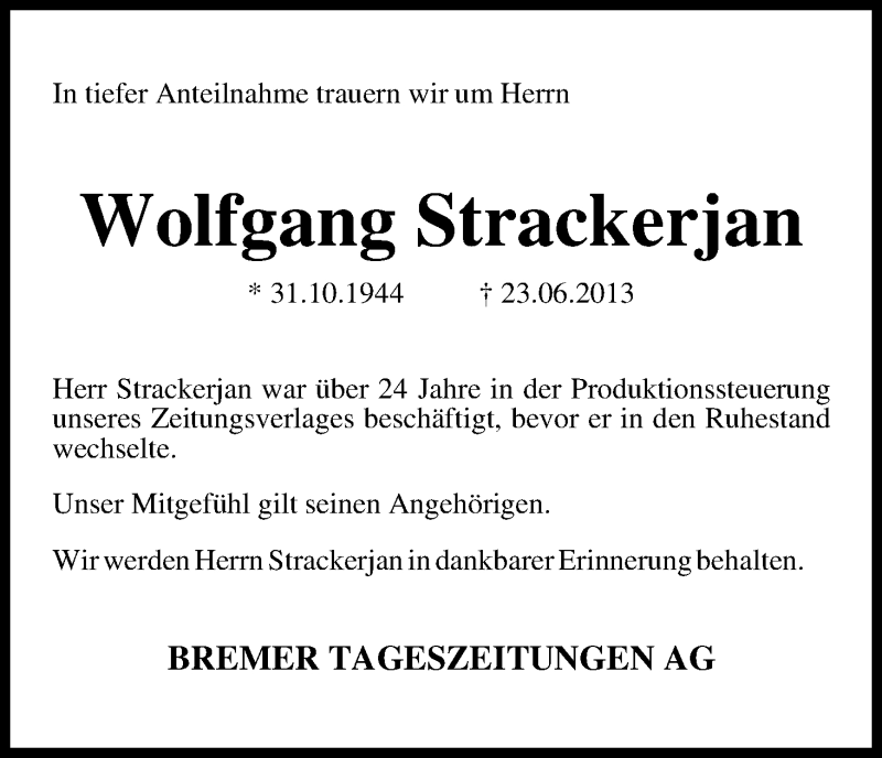 Traueranzeige von Wolfgang Strackerjan von WESER-KURIER