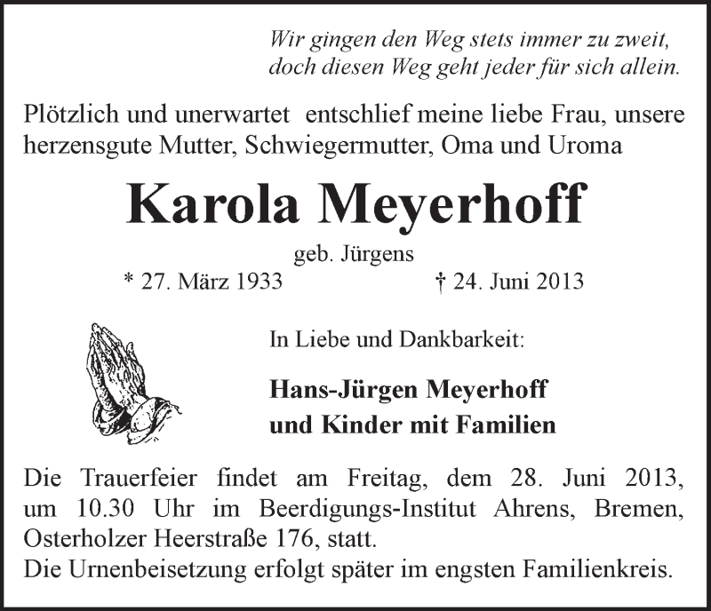 Traueranzeige von Karola Meyerhoff von WESER-KURIER