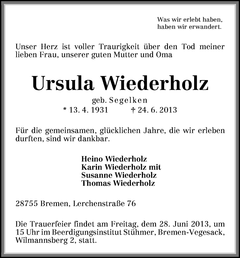 Traueranzeige von Ursula Wiederholz von WESER-KURIER