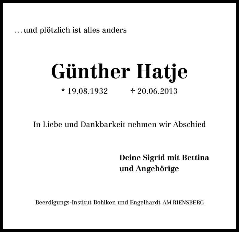 Traueranzeige von Günther Hatje von WESER-KURIER