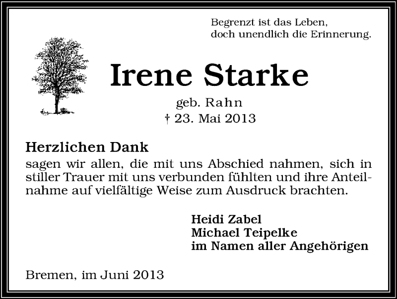 Traueranzeige von Irene Starke von WESER-KURIER