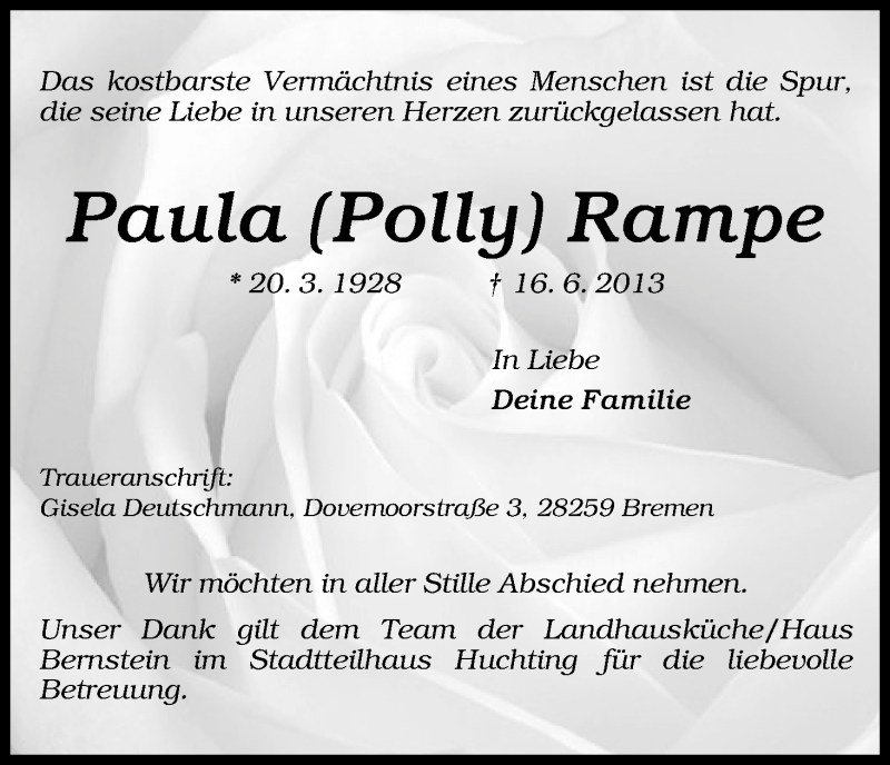 Traueranzeige von Paula Rampe von WESER-KURIER