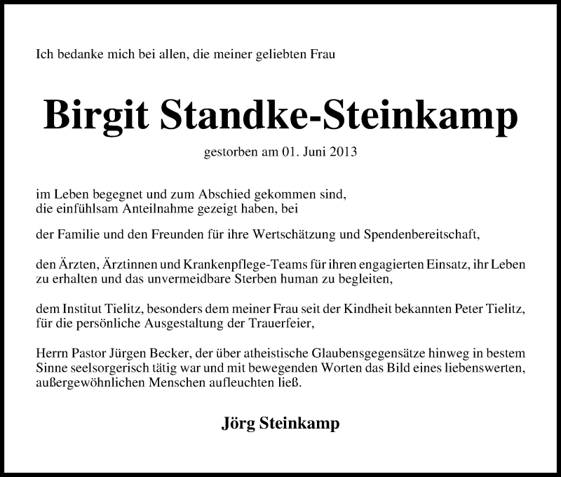 Traueranzeige von Birgit Strandke-Steinkamp von WESER-KURIER