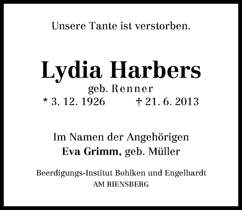 Traueranzeige von Lydia Harbers von WESER-KURIER
