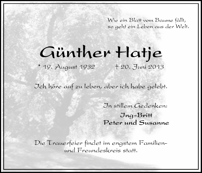 Traueranzeige von Günther Hatje von WESER-KURIER