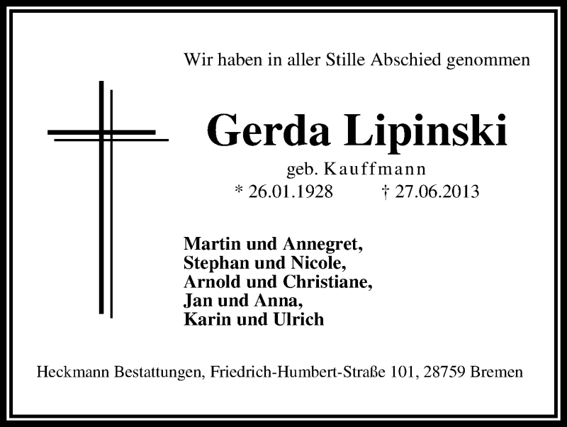 Traueranzeige von Gerda Lipinski von WESER-KURIER