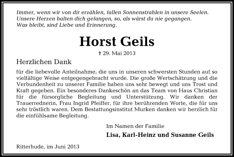 Traueranzeige von Horst Geils von WESER-KURIER