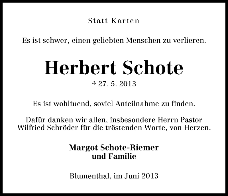 Traueranzeige von Herbert Schote von WESER-KURIER