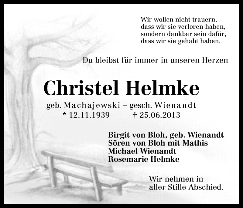 Traueranzeige von Christel Helmke von WESER-KURIER