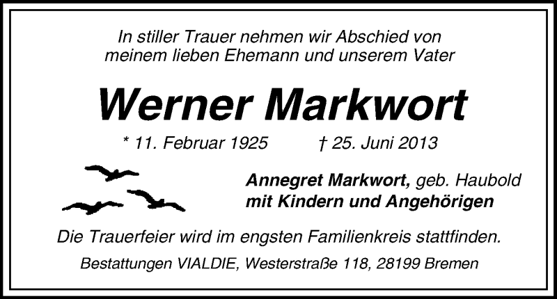 Traueranzeige von Werner Markwort von WESER-KURIER