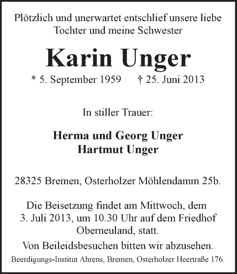 Traueranzeige von Karin Unger von WESER-KURIER