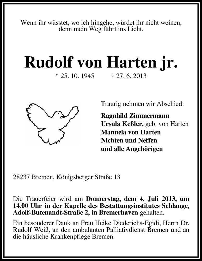 Traueranzeige von Rudolf von Harten von WESER-KURIER