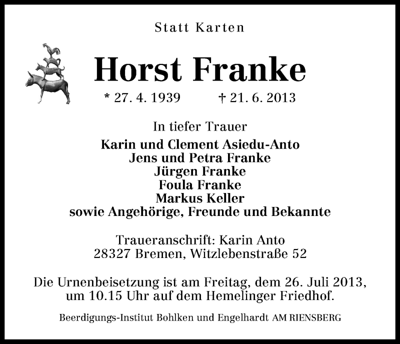 Traueranzeige von Horst Franke von WESER-KURIER