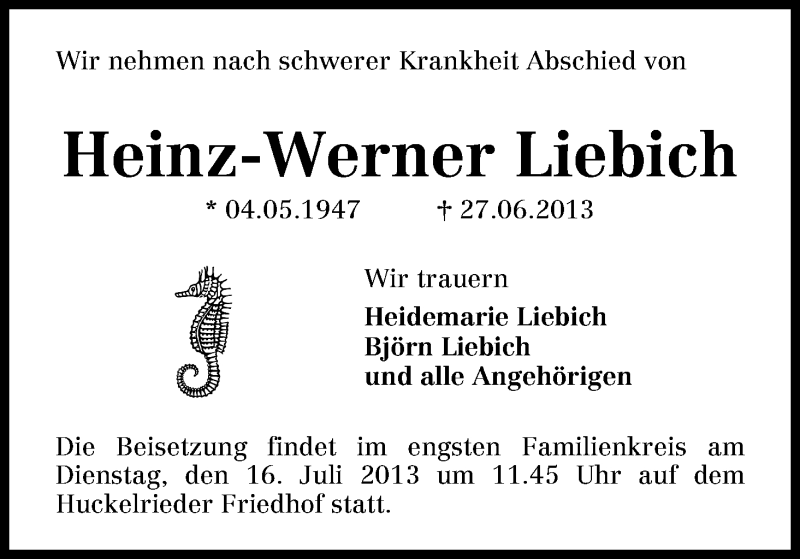 Traueranzeige von Heinz-Werner Liebich von WESER-KURIER