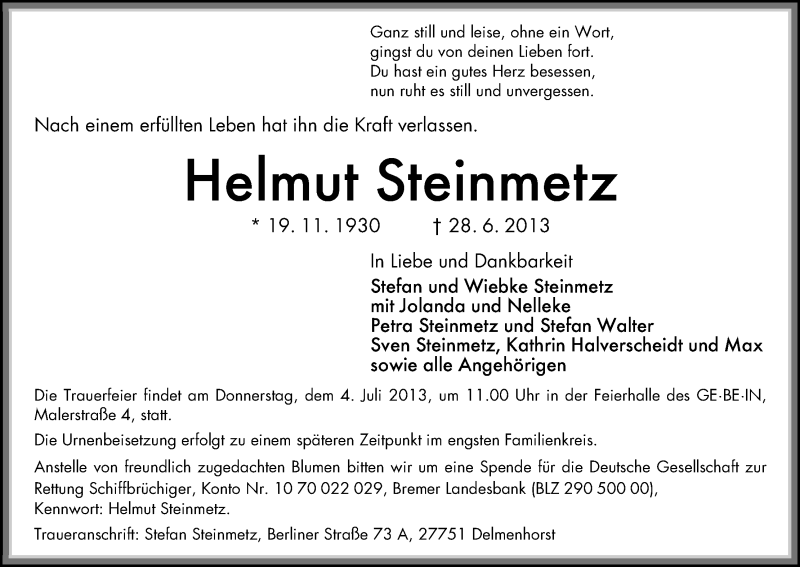 Traueranzeige von Helmut Steinmetz von WESER-KURIER
