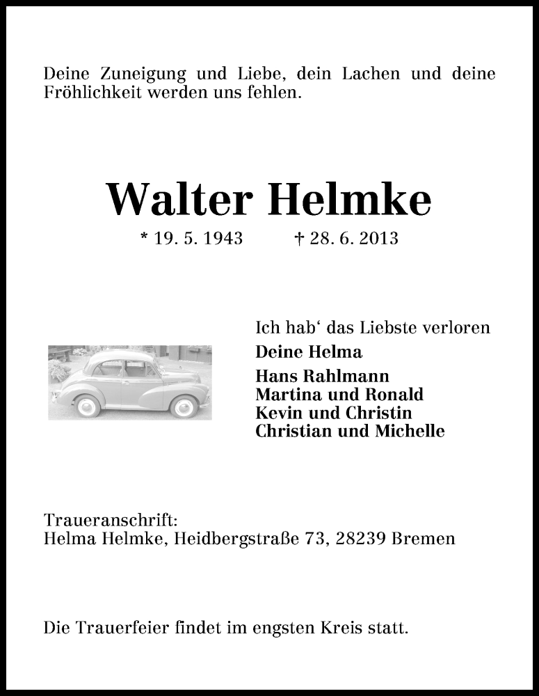 Traueranzeige von Walter Helmke von WESER-KURIER