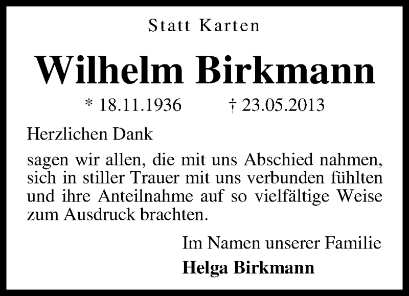 Traueranzeige von Wilhelm Birkmann von WESER-KURIER