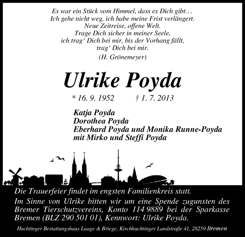 Traueranzeige von Ulrike Poyda von WESER-KURIER