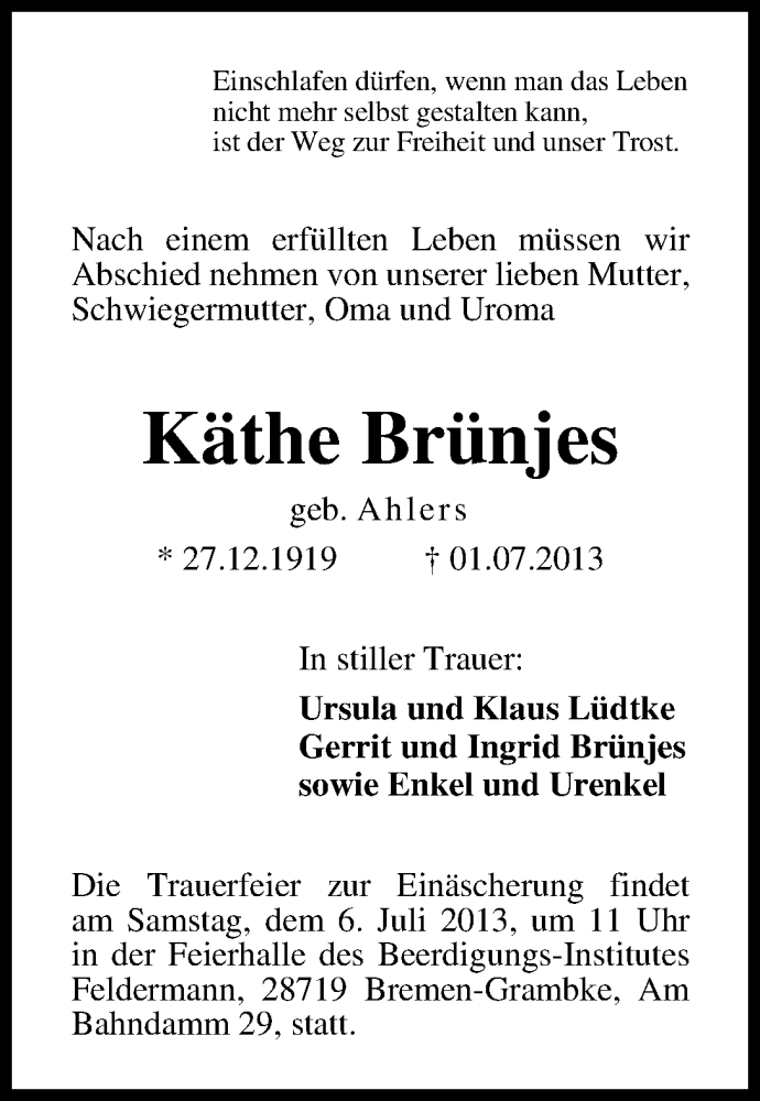 Traueranzeige von Käthe Brünjes von WESER-KURIER