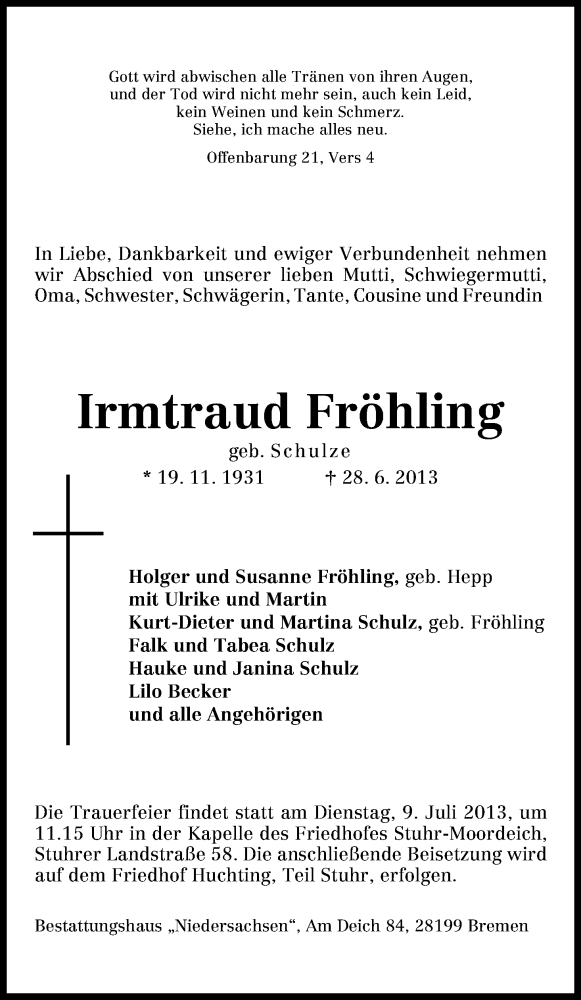 Traueranzeige von Irmtraud Fröhling von WESER-KURIER