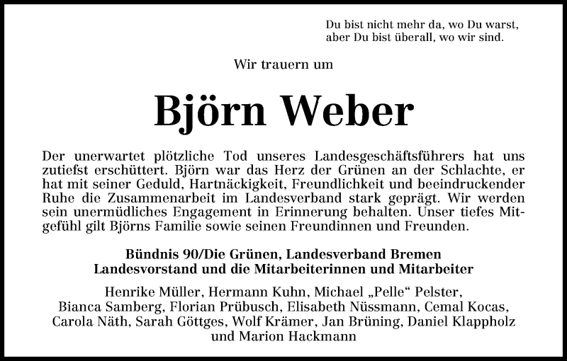 Traueranzeige von Björn Weber von WESER-KURIER