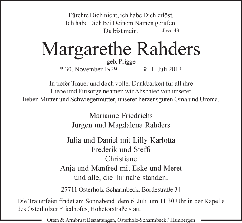 Traueranzeige von Margarethe Rahders von WESER-KURIER
