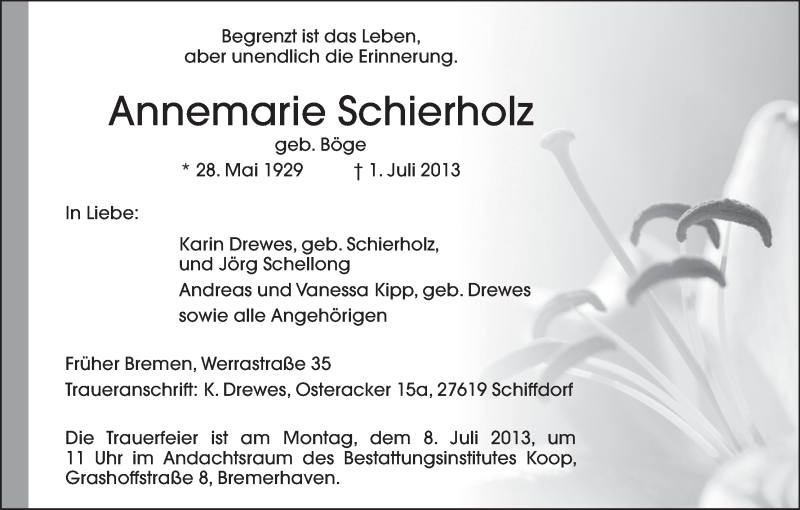 Traueranzeige von Annemarie Schierholz von WESER-KURIER