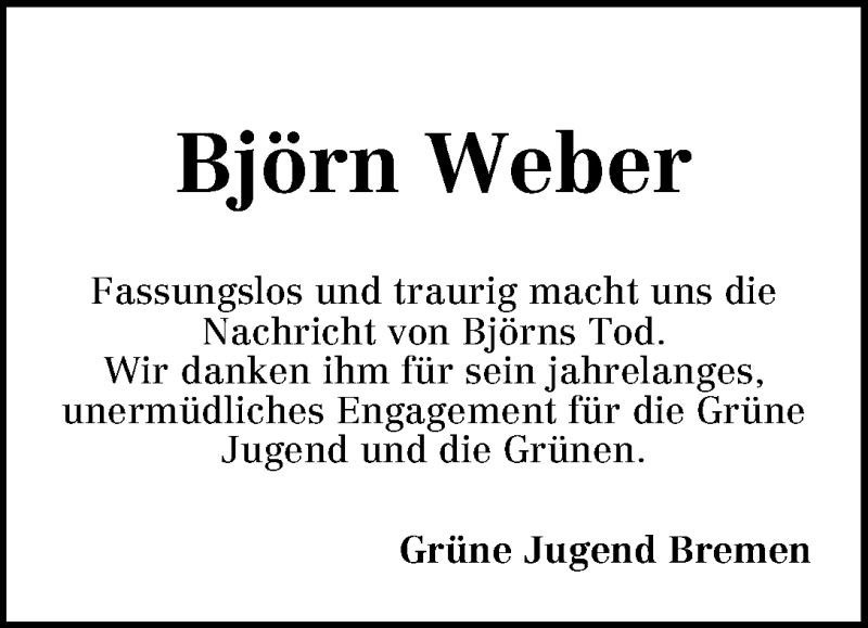 Traueranzeige von Björn Weber von WESER-KURIER