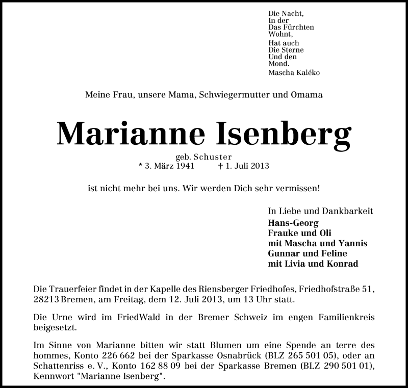 Traueranzeige von Marianne Isenberg von WESER-KURIER