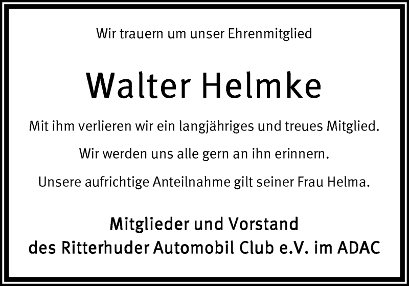 Traueranzeige von Walter Helmke von WESER-KURIER