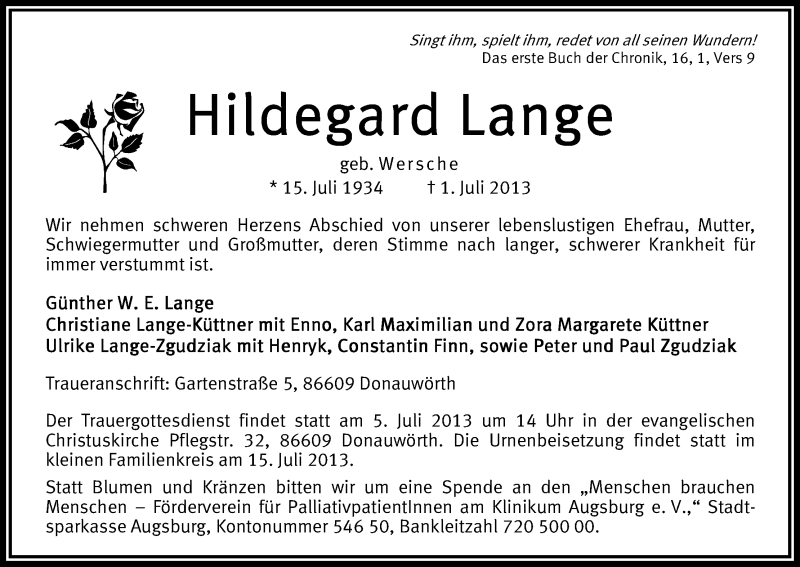 Traueranzeige von Hildegard Lange von WESER-KURIER