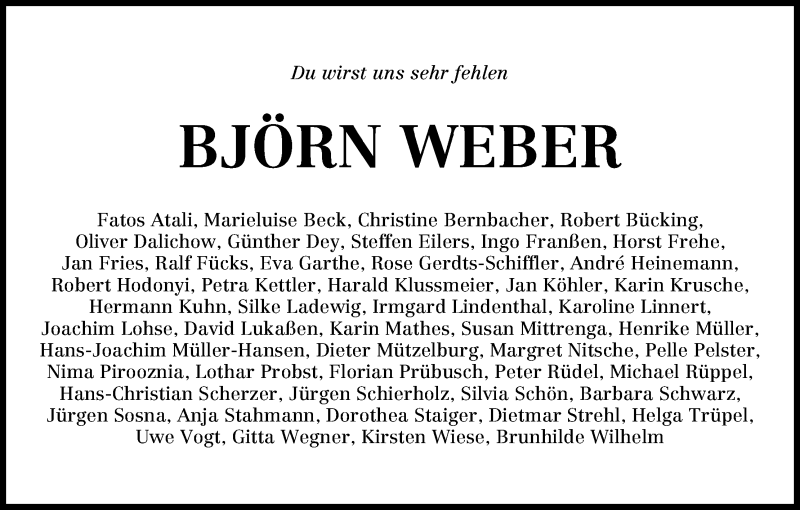 Traueranzeige von Björn Weber von WESER-KURIER