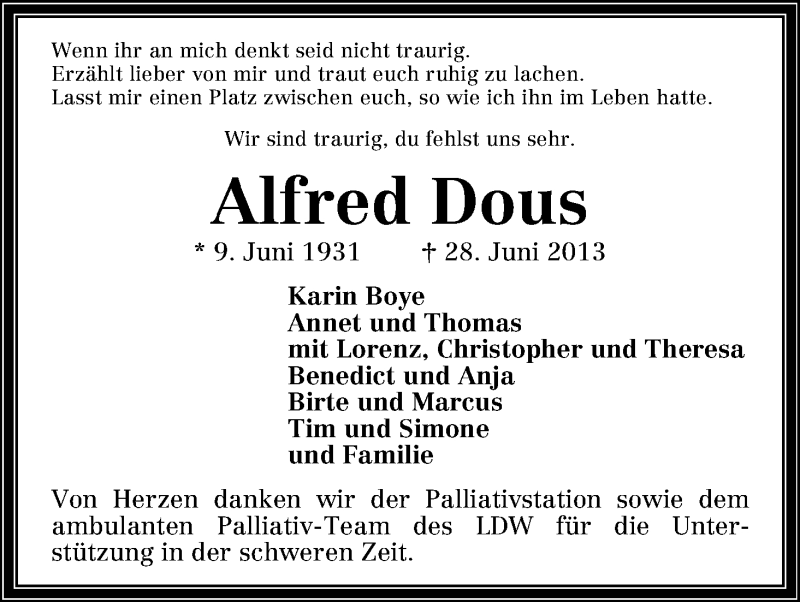 Traueranzeige von Alfred Dous von WESER-KURIER