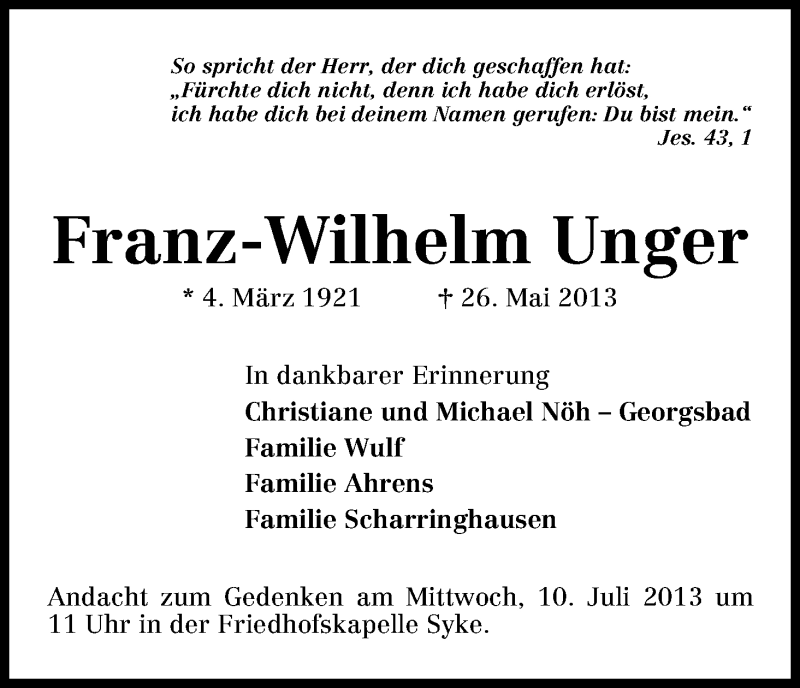 Traueranzeige von Franz-Wilhelm Unger von WESER-KURIER