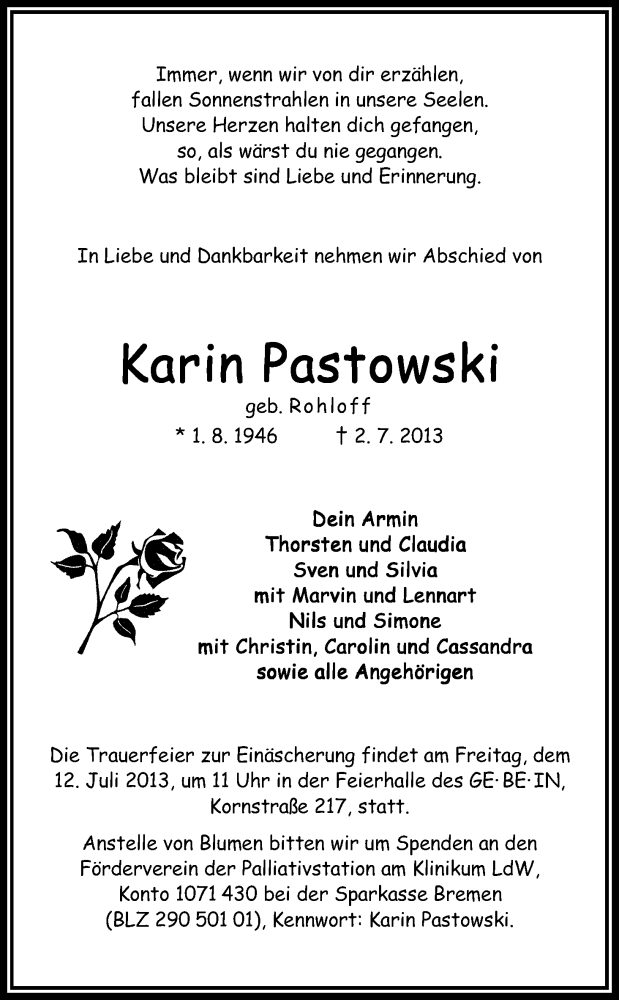 Traueranzeige von Karin Pastowski von WESER-KURIER