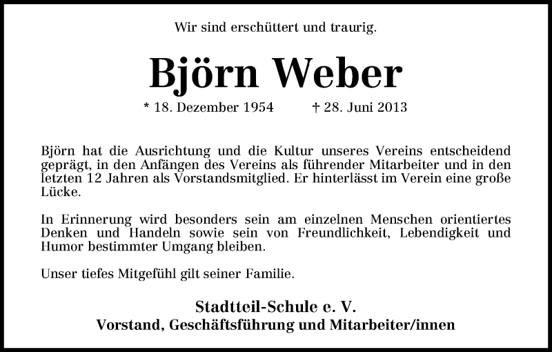Traueranzeige von Björn Weber von WESER-KURIER