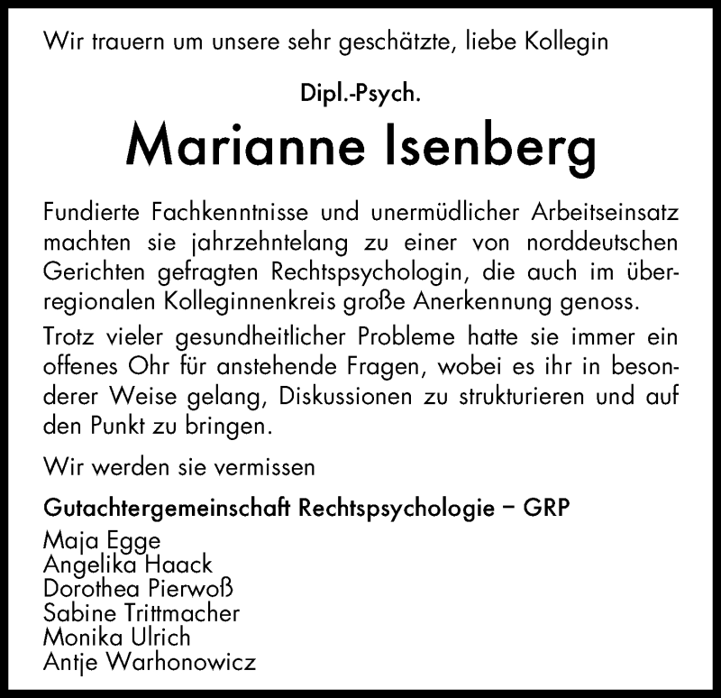 Traueranzeige von Marianne Isenberg von WESER-KURIER