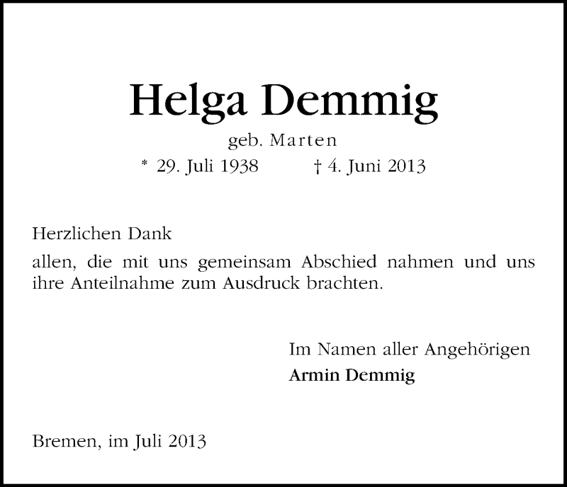 Traueranzeige von Helga Demmig von WESER-KURIER