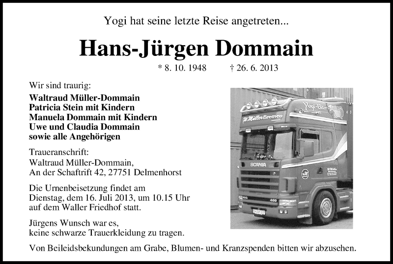 Traueranzeige von Hans-Jürgen Dommain von WESER-KURIER