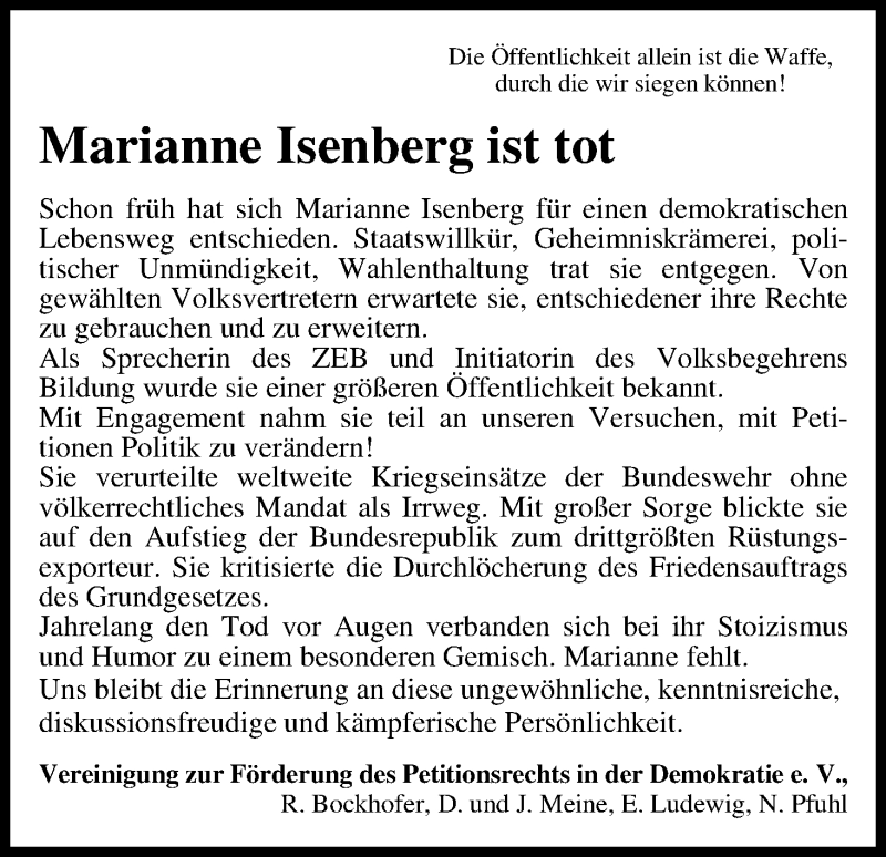 Traueranzeige von Marianne Isenberg von WESER-KURIER