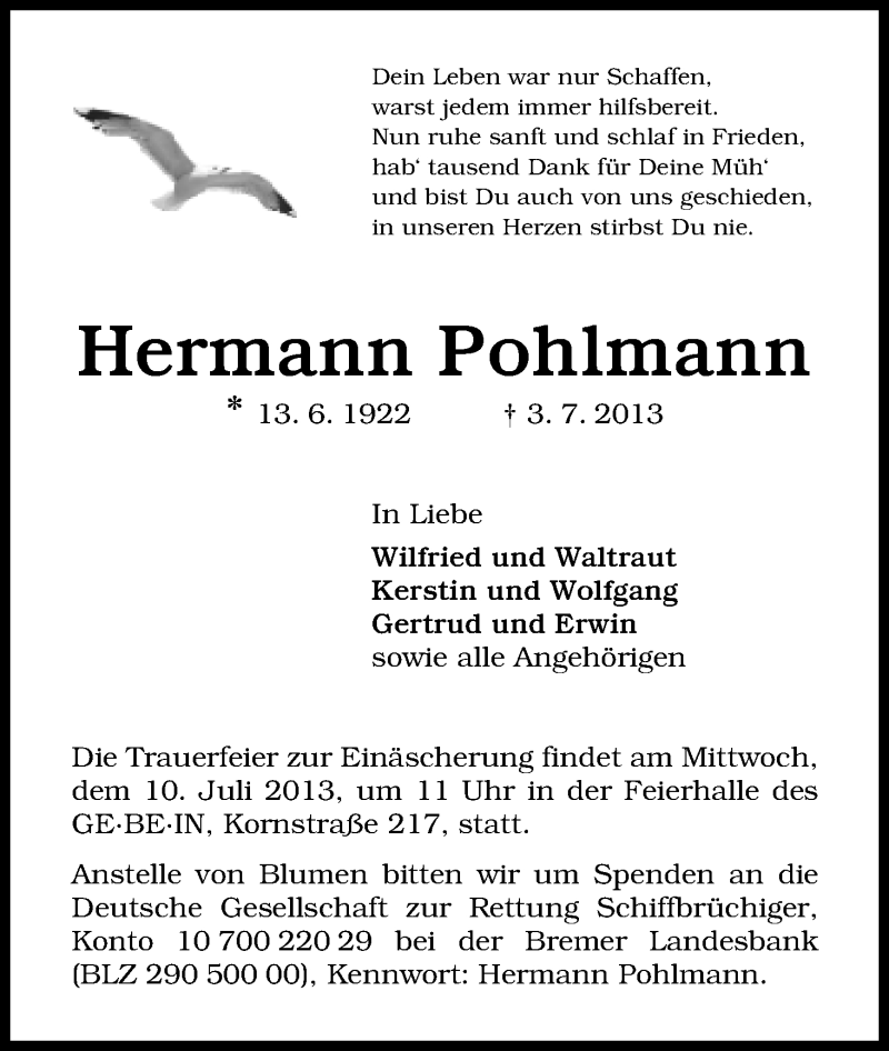 Traueranzeige von Hermann Pohlmann von WESER-KURIER