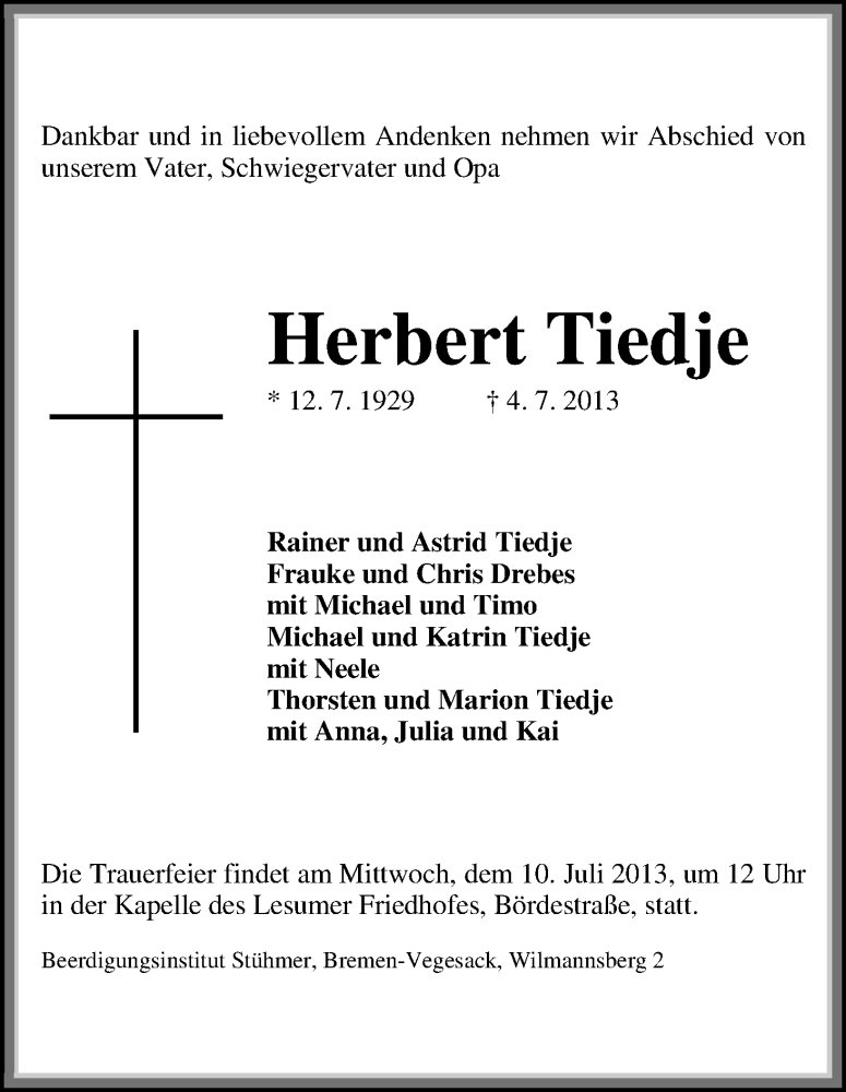 Traueranzeige von Herbert Tiedje von WESER-KURIER
