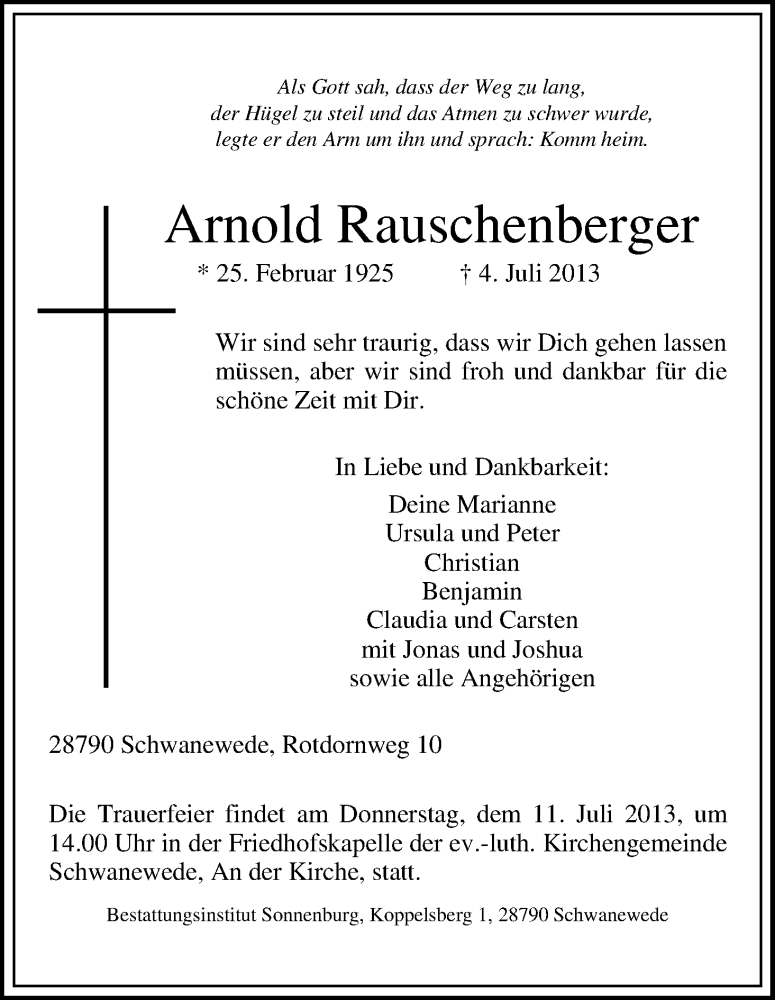 Traueranzeige von Arnold Rauschenberger von WESER-KURIER